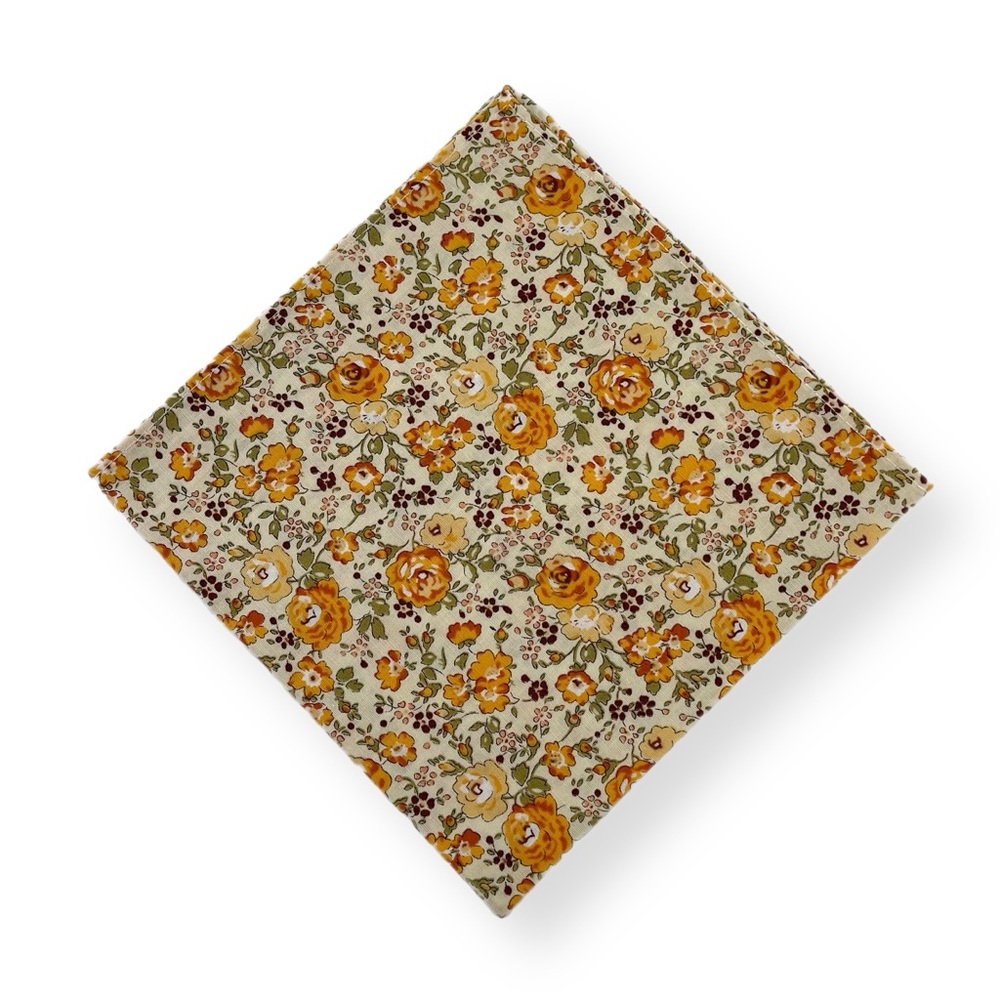 Light Yellow & Orange Floral Print Pocket Square Handkerchief